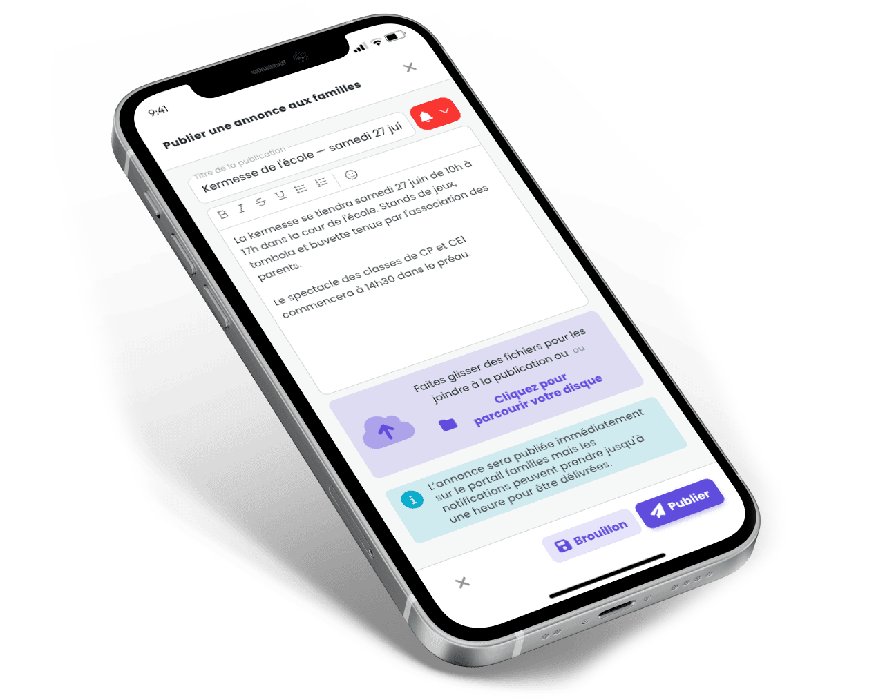 La rédaction d'une annonce aux familles, sur téléphone
