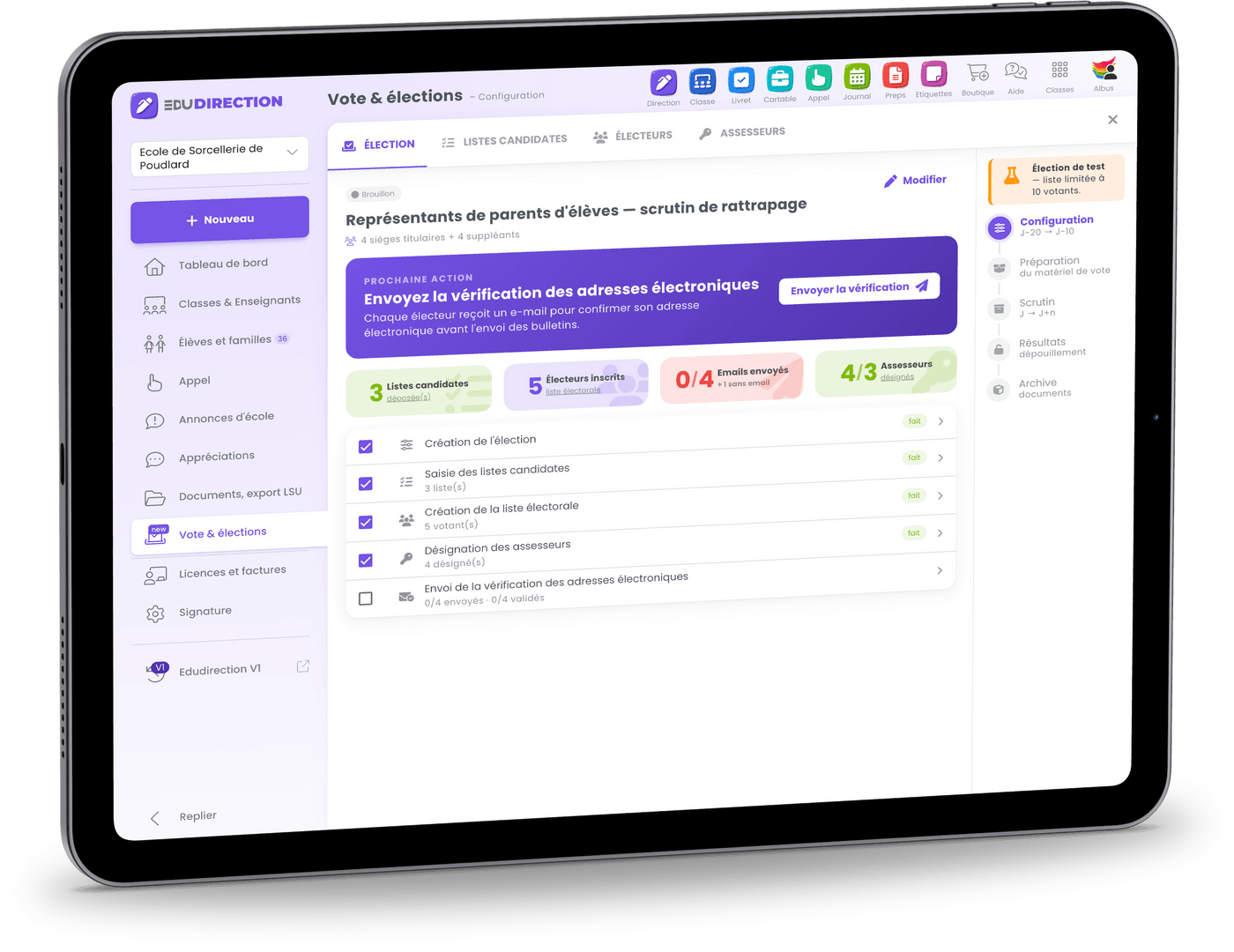 La configuration d’une élection, sur tablette