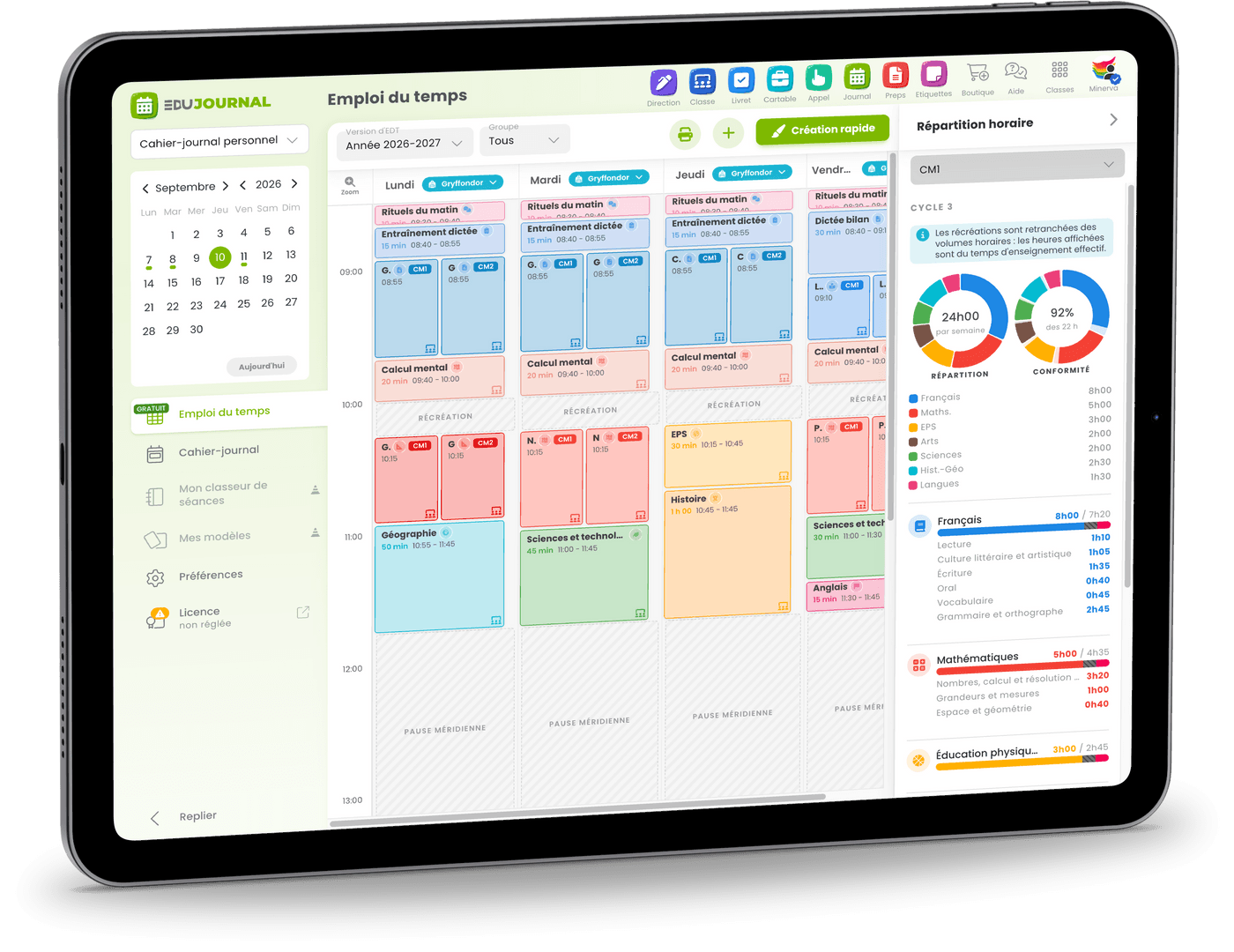 Un emploi du temps sur tablette